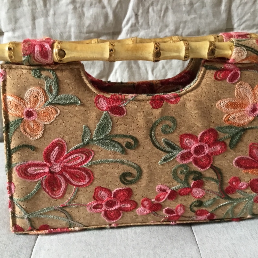 Floral Embroidered Bamboo Handle Bag